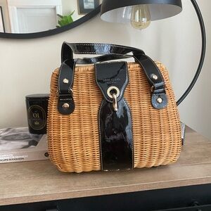 kate spade Tan Woven Rattan Tote with Black Patent Trim